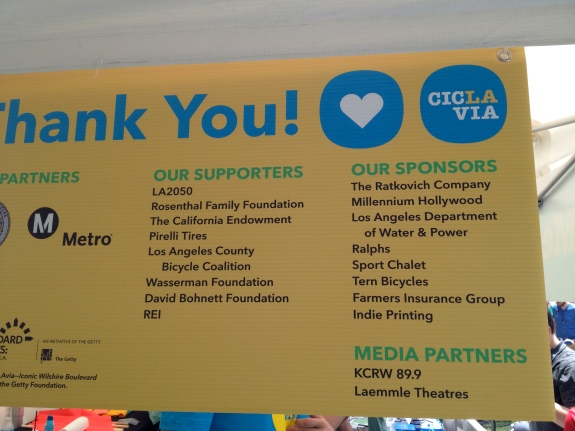 Banner displaying a portion of the major contributors to the most recent CicLAvia event
