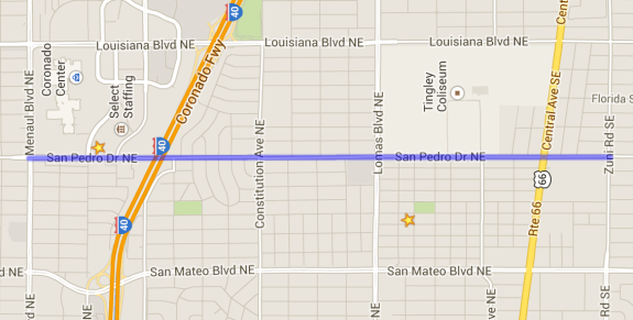 The blue line on this map highlights the segment of San Pedro which requires change.  