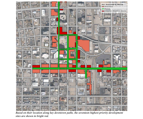 According to Mr. Speck, this image features the most walkable corridors Downtown and the "missing teeth" along those corridors. According to the report, these should be the highest priority development sites. 